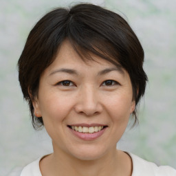 Joyful white adult female with medium  brown hair and brown eyes