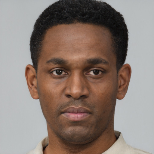 Neutral black young-adult male with short  black hair and brown eyes