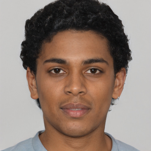 Neutral black young-adult male with short  black hair and brown eyes