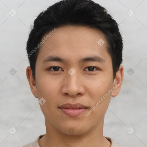 Neutral asian young-adult male with short  black hair and brown eyes