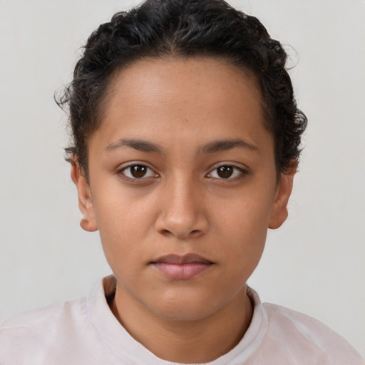 Neutral latino young-adult female with short  brown hair and brown eyes