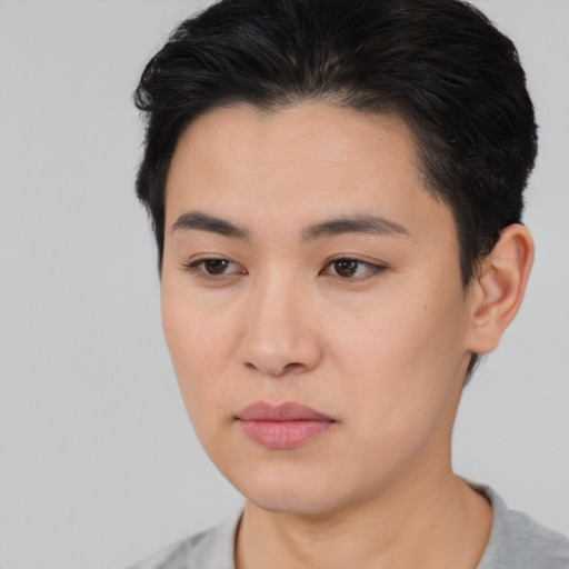 Neutral asian young-adult female with short  brown hair and brown eyes