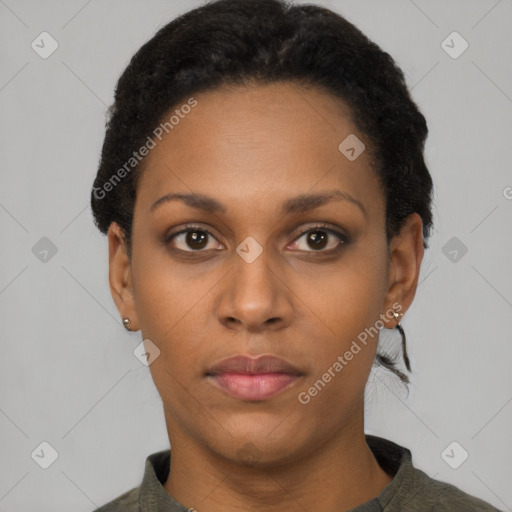 Neutral black young-adult female with short  black hair and brown eyes