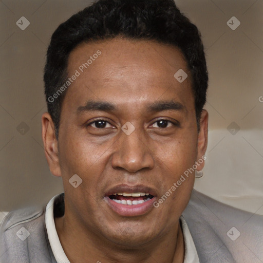 Joyful black young-adult male with short  brown hair and brown eyes