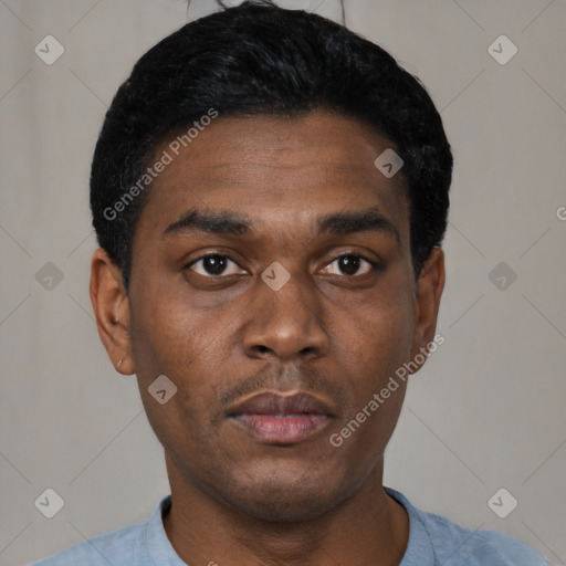 Neutral black young-adult male with short  black hair and brown eyes