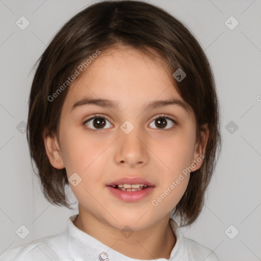 Joyful white child female with medium  brown hair and brown eyes