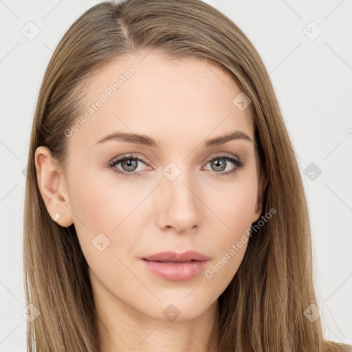 Neutral white young-adult female with long  brown hair and brown eyes