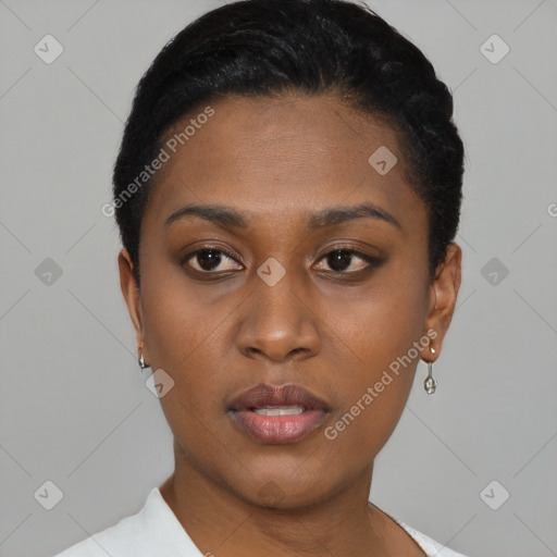 Neutral black young-adult female with short  black hair and brown eyes