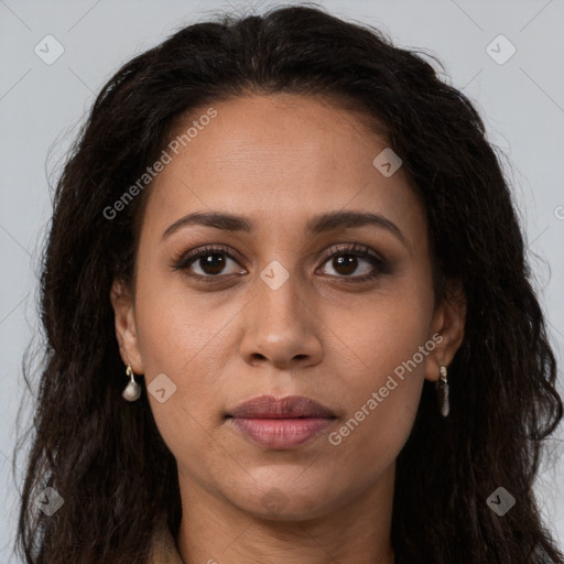 Joyful latino young-adult female with long  brown hair and brown eyes