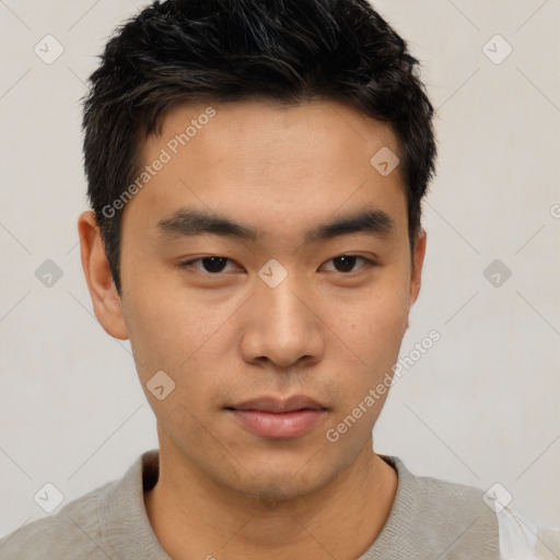 Neutral asian young-adult male with short  black hair and brown eyes