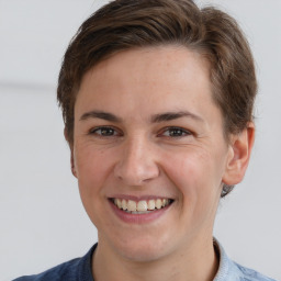 Joyful white adult female with short  brown hair and grey eyes