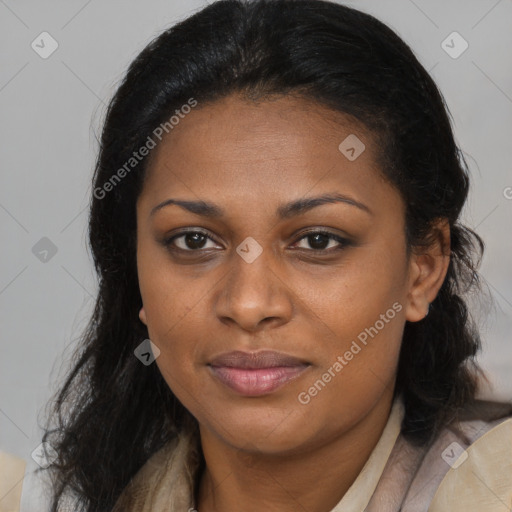 Joyful latino young-adult female with long  brown hair and brown eyes