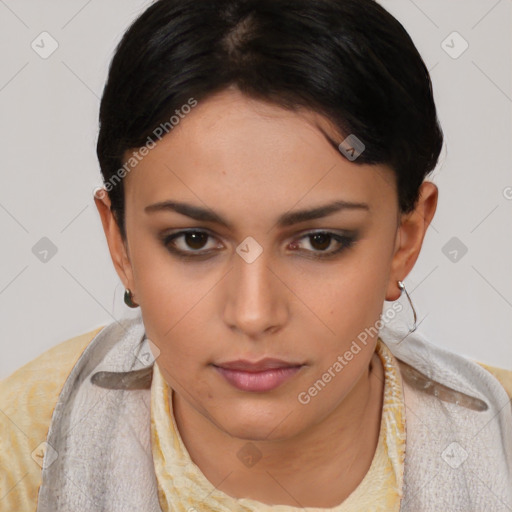 Neutral white young-adult female with medium  brown hair and brown eyes