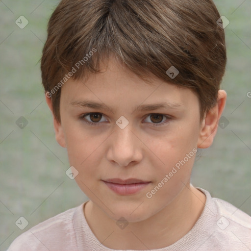 Joyful white child female with short  brown hair and brown eyes