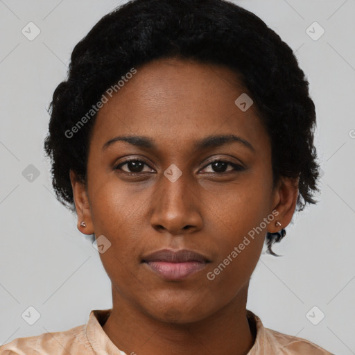 Neutral black young-adult female with short  black hair and brown eyes