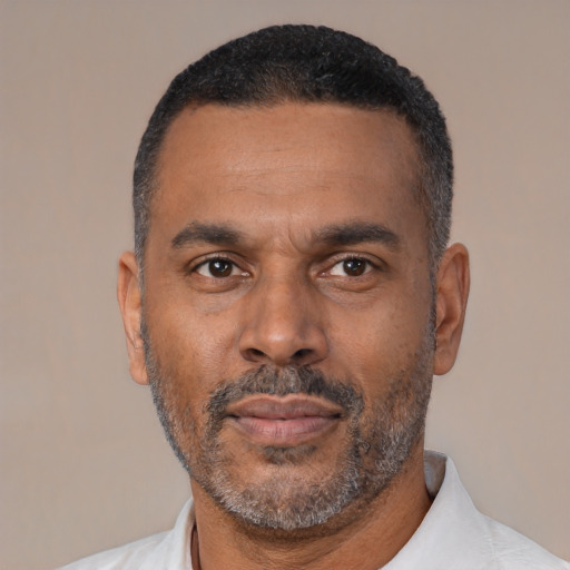 Neutral black adult male with short  black hair and brown eyes