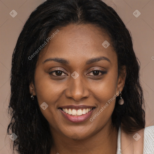 Joyful latino young-adult female with long  brown hair and brown eyes