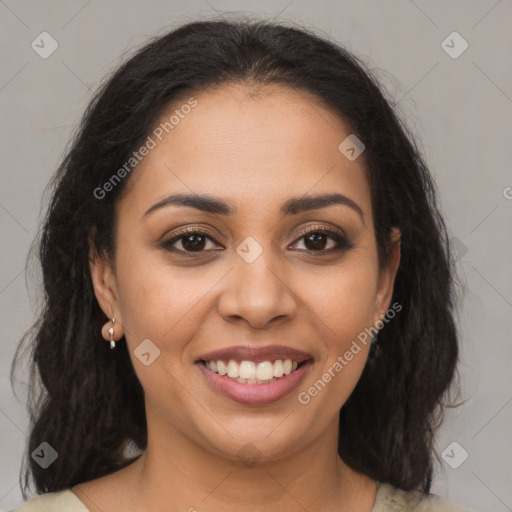 Joyful latino young-adult female with medium  brown hair and brown eyes