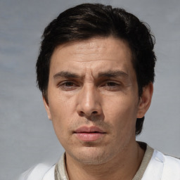 Neutral white adult male with short  black hair and brown eyes