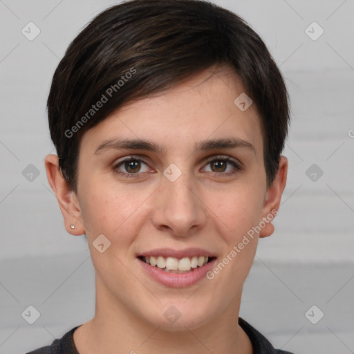 Joyful white young-adult female with short  brown hair and brown eyes