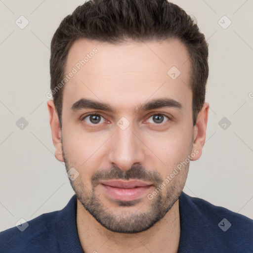 Neutral white young-adult male with short  brown hair and brown eyes