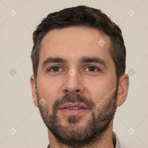 Neutral white young-adult male with short  brown hair and brown eyes