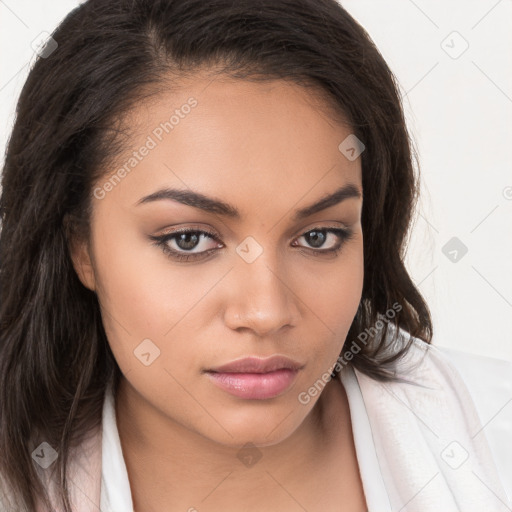 Neutral white young-adult female with long  brown hair and brown eyes