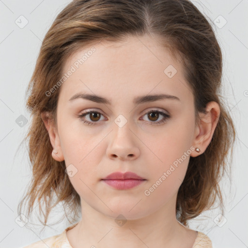 Neutral white young-adult female with medium  brown hair and brown eyes