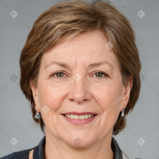 Joyful white adult female with medium  brown hair and grey eyes