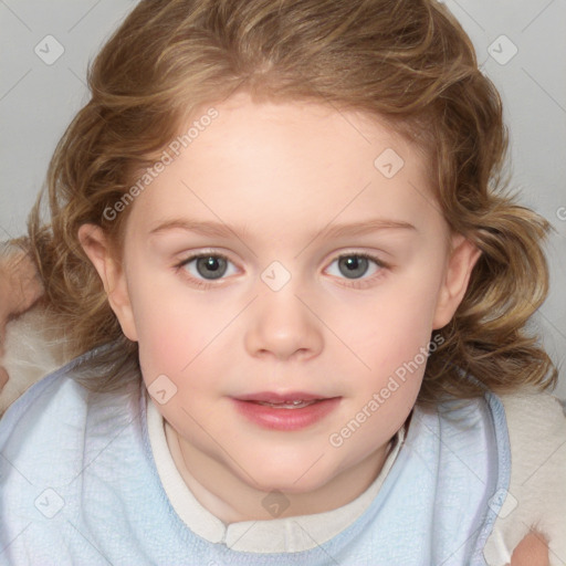 Joyful white child female with medium  brown hair and blue eyes