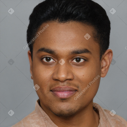 Joyful black young-adult male with short  black hair and brown eyes