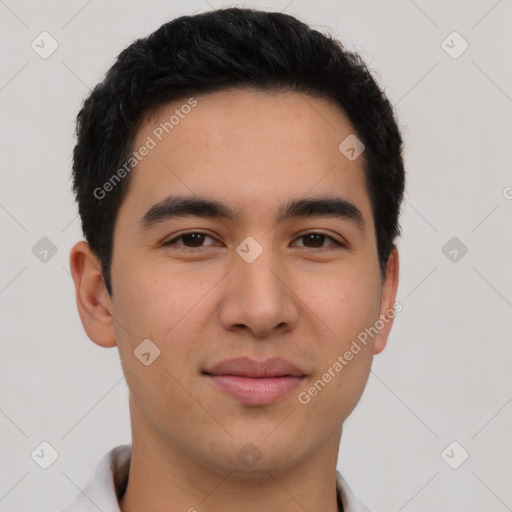 Joyful latino young-adult male with short  brown hair and brown eyes