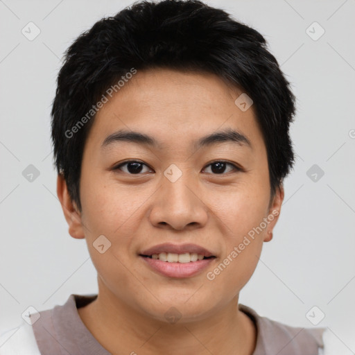 Joyful asian young-adult male with short  black hair and brown eyes