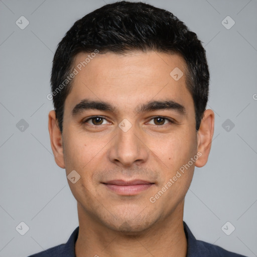 Joyful white young-adult male with short  black hair and brown eyes