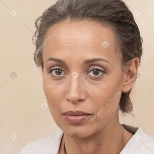 Neutral white adult female with medium  brown hair and brown eyes