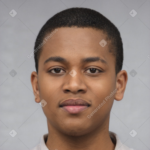 Joyful latino young-adult male with short  brown hair and brown eyes