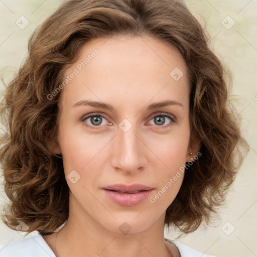 Neutral white young-adult female with medium  brown hair and green eyes