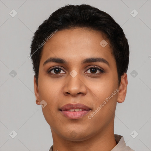 Joyful latino young-adult female with short  black hair and brown eyes