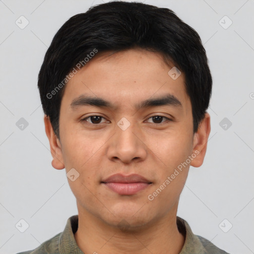 Joyful asian young-adult male with short  black hair and brown eyes