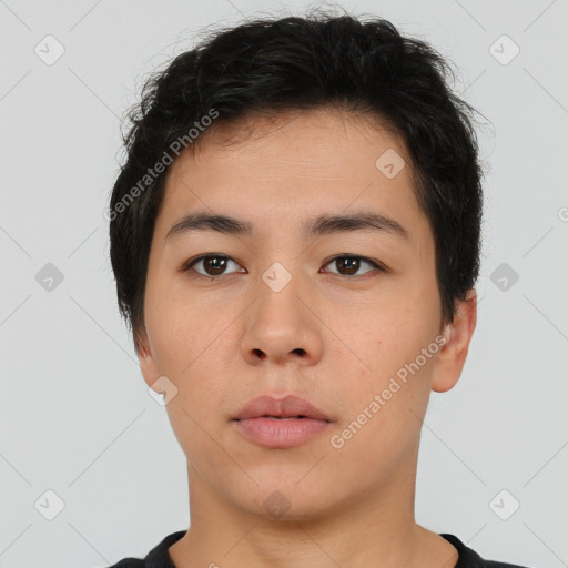 Neutral asian young-adult male with short  brown hair and brown eyes