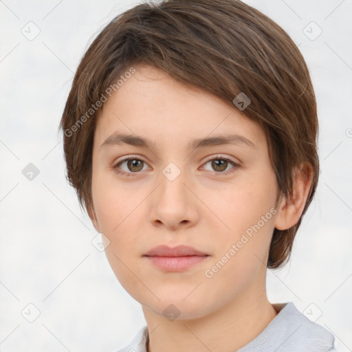 Neutral white young-adult female with short  brown hair and brown eyes