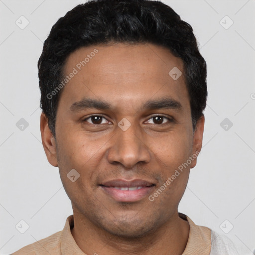 Joyful latino young-adult male with short  black hair and brown eyes