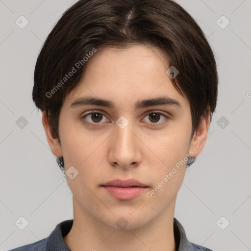 Neutral white young-adult male with short  brown hair and brown eyes