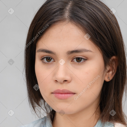 Neutral white young-adult female with medium  brown hair and brown eyes