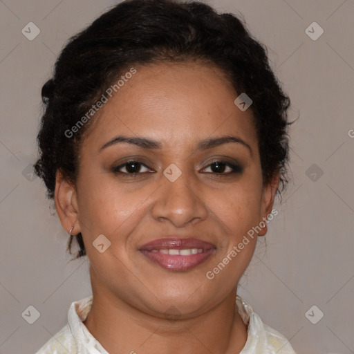 Joyful latino young-adult female with short  brown hair and brown eyes