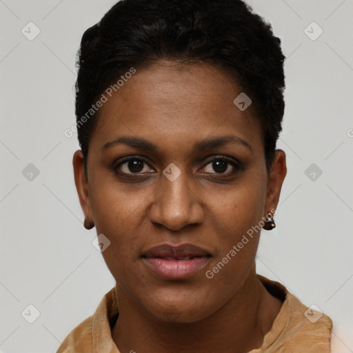 Joyful black young-adult female with short  brown hair and brown eyes