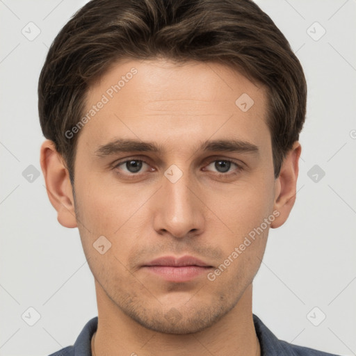 Neutral white young-adult male with short  brown hair and brown eyes