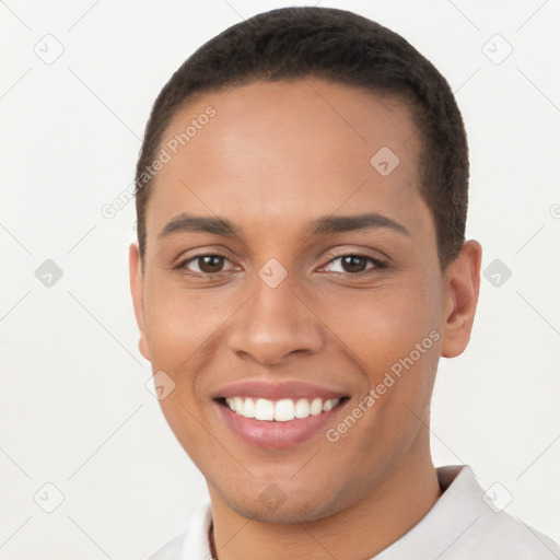 Joyful latino young-adult female with short  brown hair and brown eyes