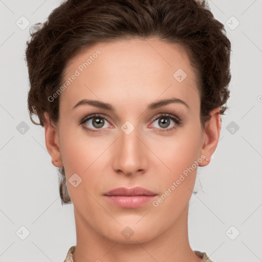 Neutral white young-adult female with short  brown hair and brown eyes