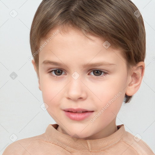 Joyful white child female with short  brown hair and brown eyes